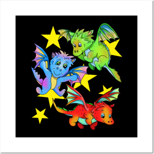 3 Baby Dragons Flying in a Starry Sky Posters and Art